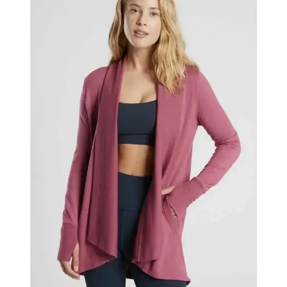 Athleta Pranayama Wrap Long Line Cardigan Medium Tawny Rose Mauve Lounge Cozy - Picture 2 of 13